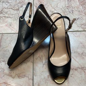 Stuart Weitzman RINGSLING wood 4" wedge black leather slingback sz 10 orig $398